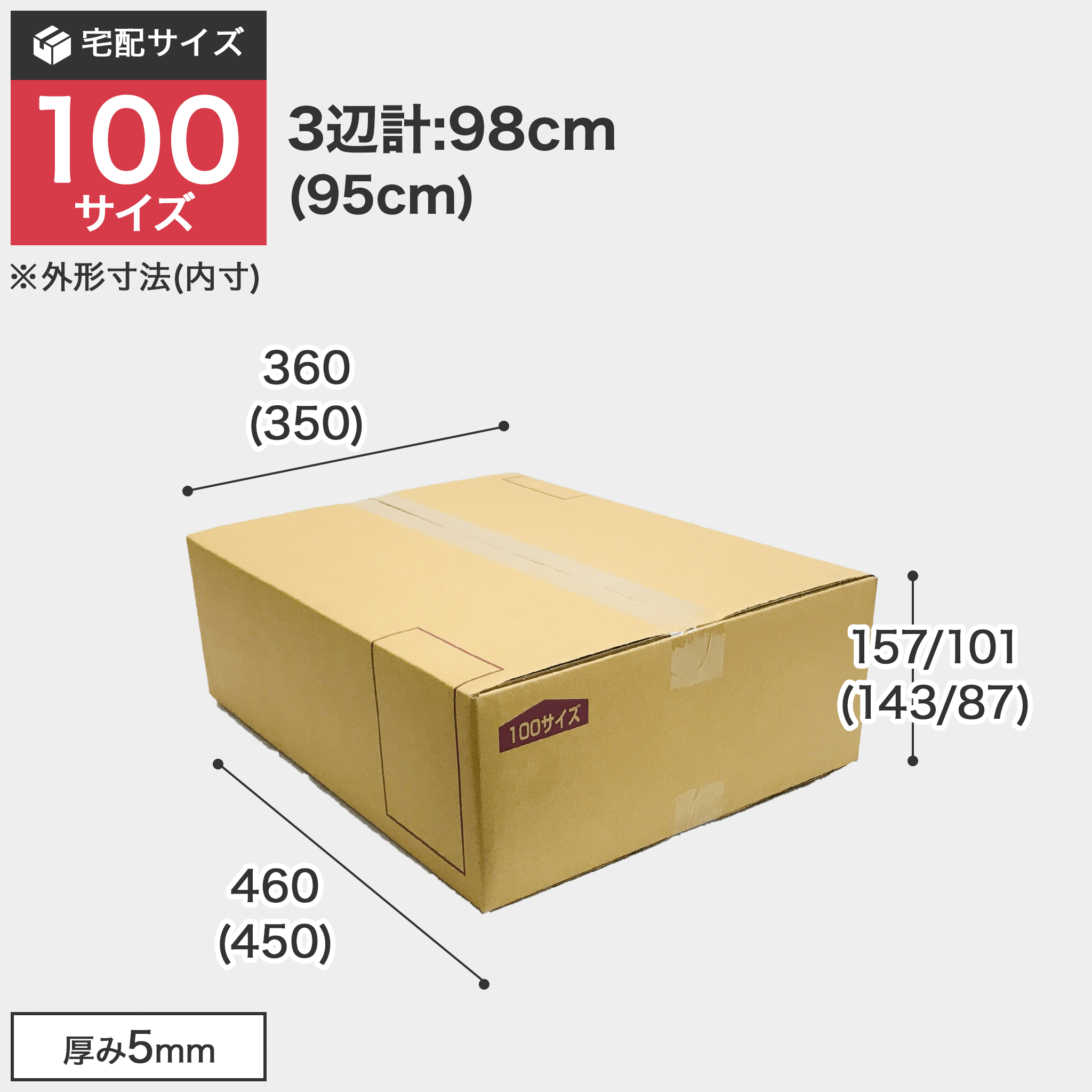宅配100サイズのダンボール箱 3辺合計約98cm 宅配100サイズのダンボール箱ですが、罫線まで裁ち下げるとコンパクトになります。
