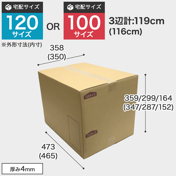 宅配120サイズのダンボール箱 3辺合計約119cm 宅配120サイズのダンボール箱ですが、罫線まで裁ち下げると100サイズになります。